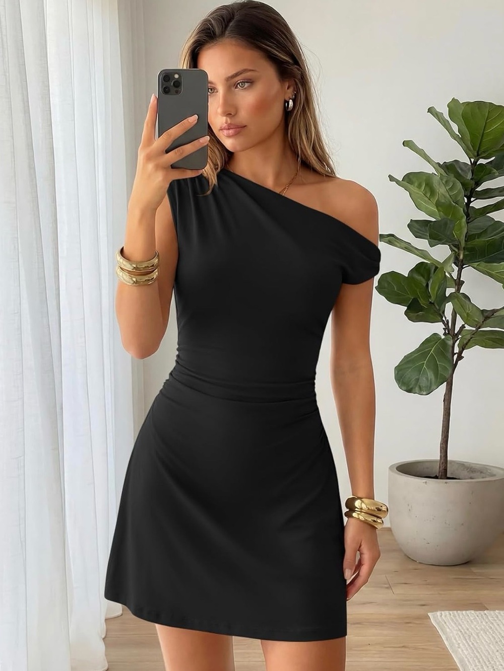 Amazon One-Shoulder Black Mini Dress